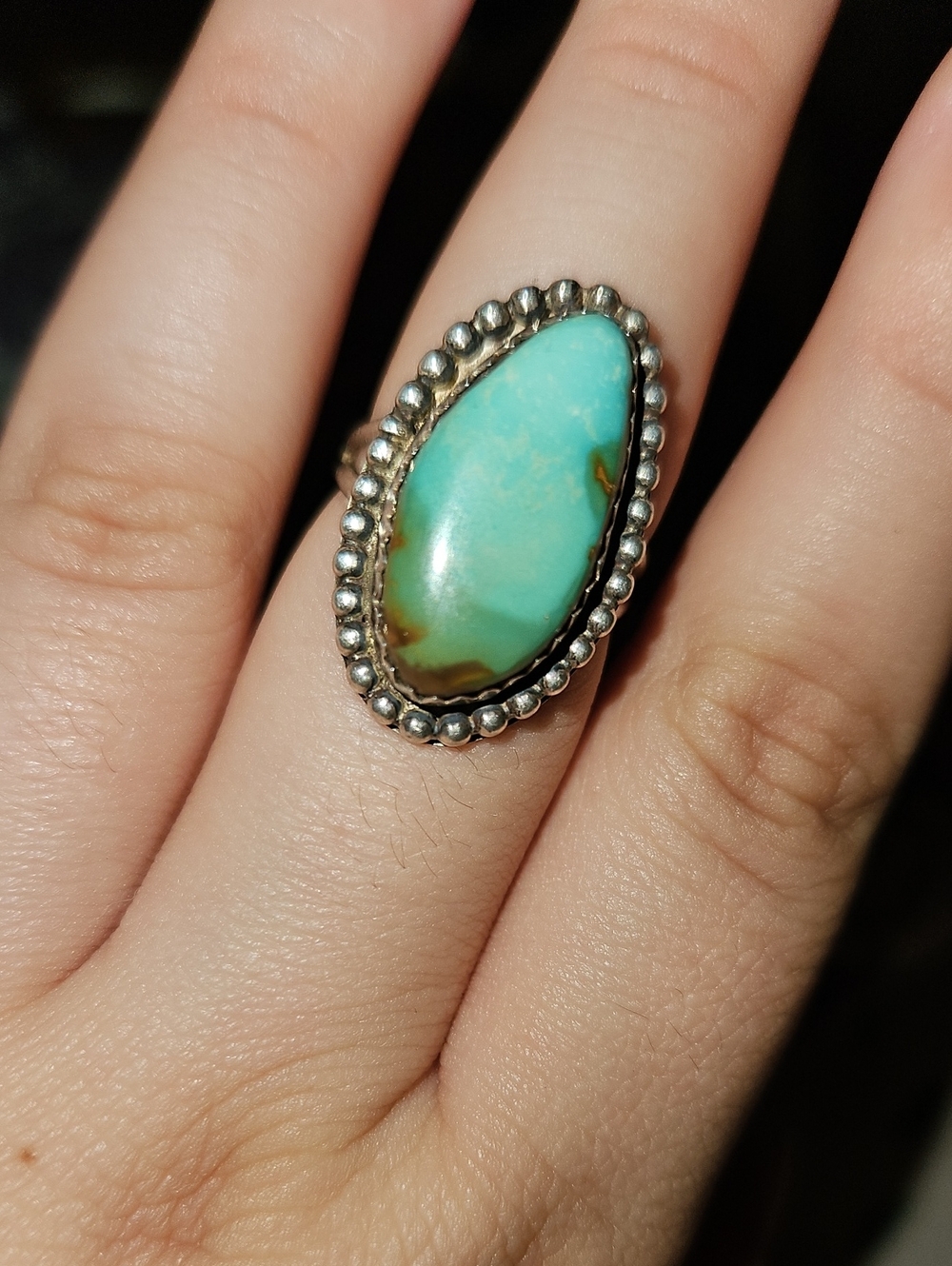 Vintagr Sterling Silver Teardrop Turquoise Ring - Blue-Green Stone